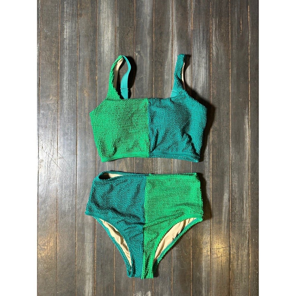 Herseas Two Tone Colorblock High Waisted Bikini Set Green Textured Swimsuit